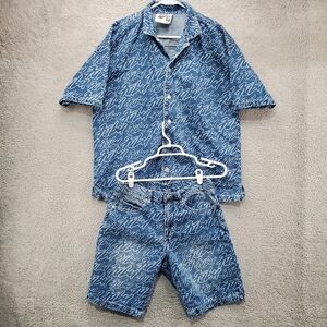 Forever 21 Fubu Denim Shorts & Shirt Set Mens 30 Large AOP